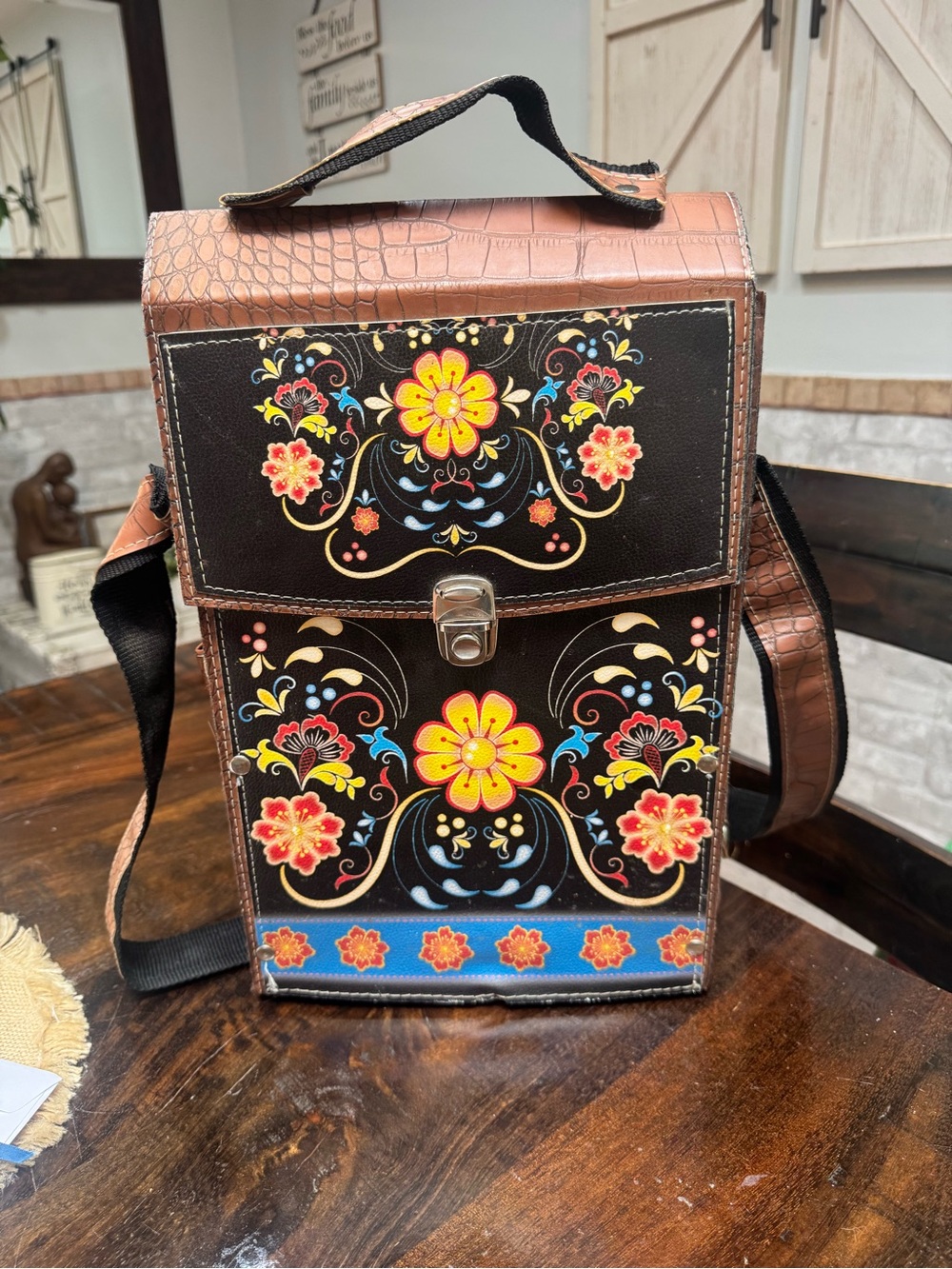 Floral Printed Box Crossbody Bag in Brown and Black